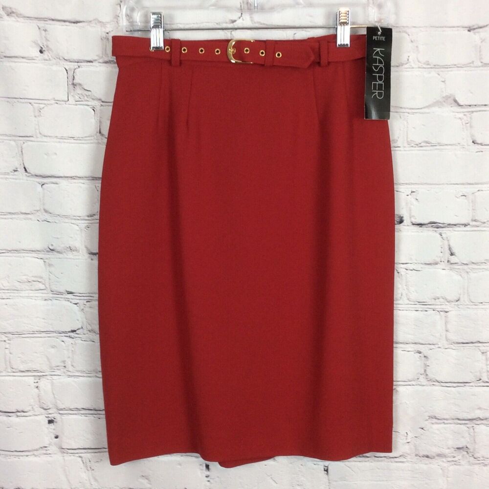 Kasper Women's Skirt Petite Size 4 Red Lined Straight Pencil Belted Business Fun